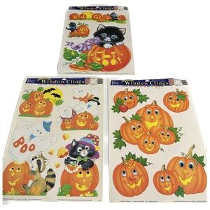 Vintage Set Of 3 Halloween Window Clings 90s Pumpkin Cats Ghost Nostalgic Decor